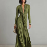 Gisela - Maxi-Seidenkleid in Oliv mit tiefem V-Ausschnitt