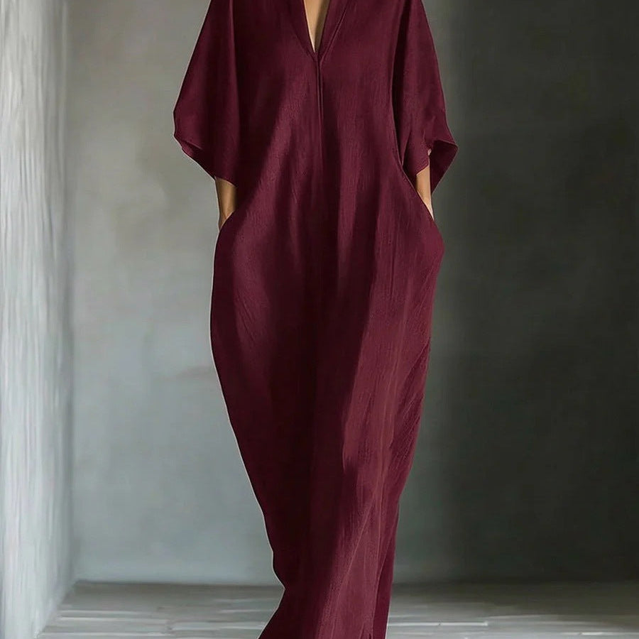 Heike - Lange Robe mit 3/4-Ärmeln und V-Ausschnitt