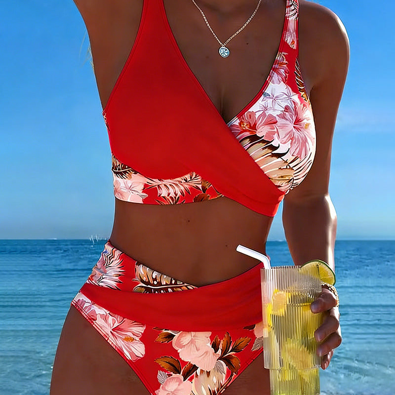 Irmgard - Bikini mit kontrastierendem Blumenmuster und Schlitz