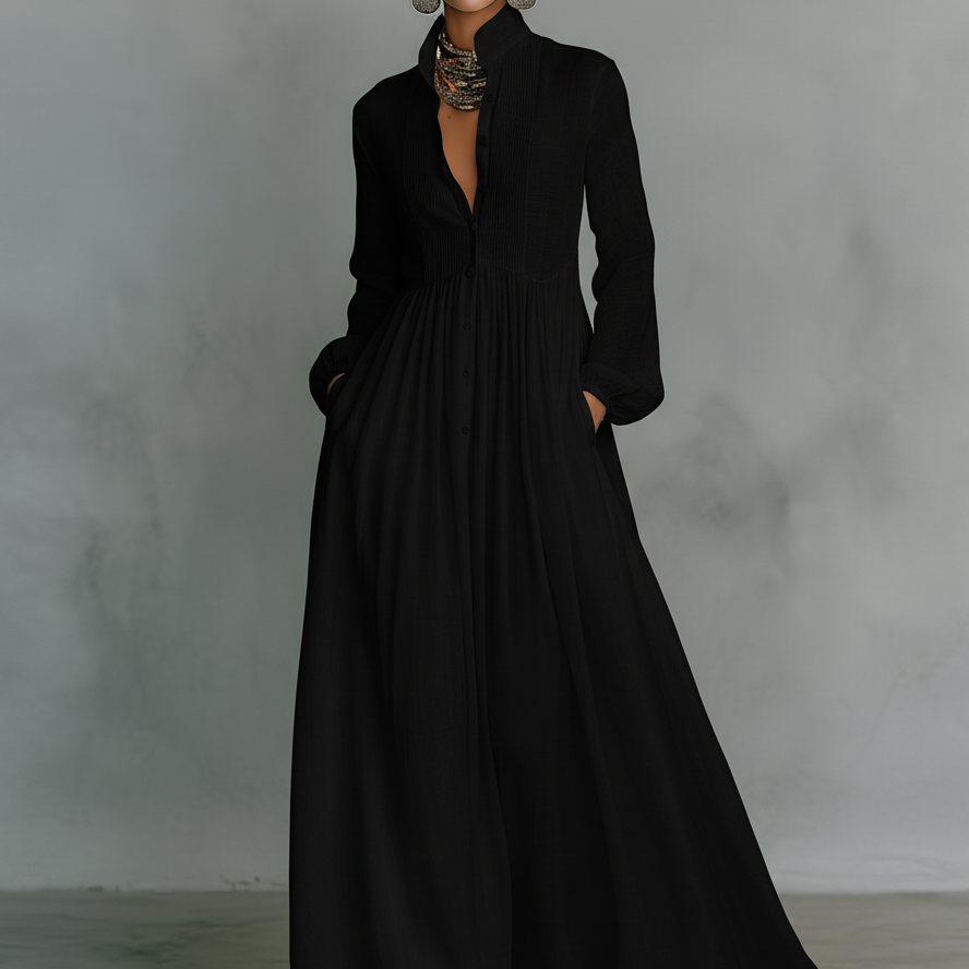Bettina - Maxikleid aus Patchwork-Leinen mit Stehkragen