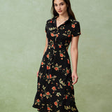 Ingeborg - Midi Kleid Schwarz mit Blumen