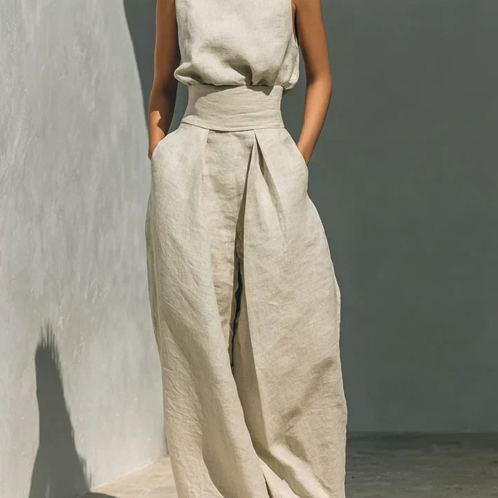 Elke - Minimalistisches Set aus ärmelloser Bluse und weit geschnittenen Baumwoll- und Leinenhosen für Frauen