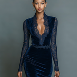 Hanna - Midi- Kleid aus Samt mit V-Ausschnitt und Spitze