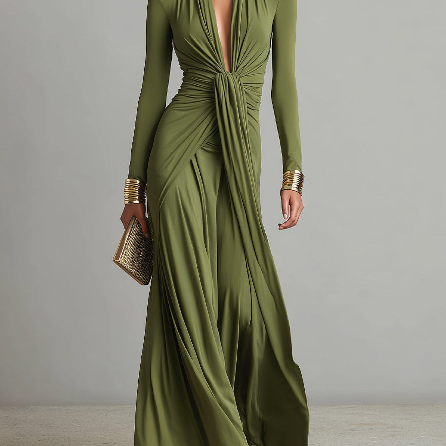 Gisela - Maxi-Seidenkleid in Oliv mit tiefem V-Ausschnitt