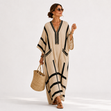 Waltraud - Kaftan Beige mit Schwarzen Streifen