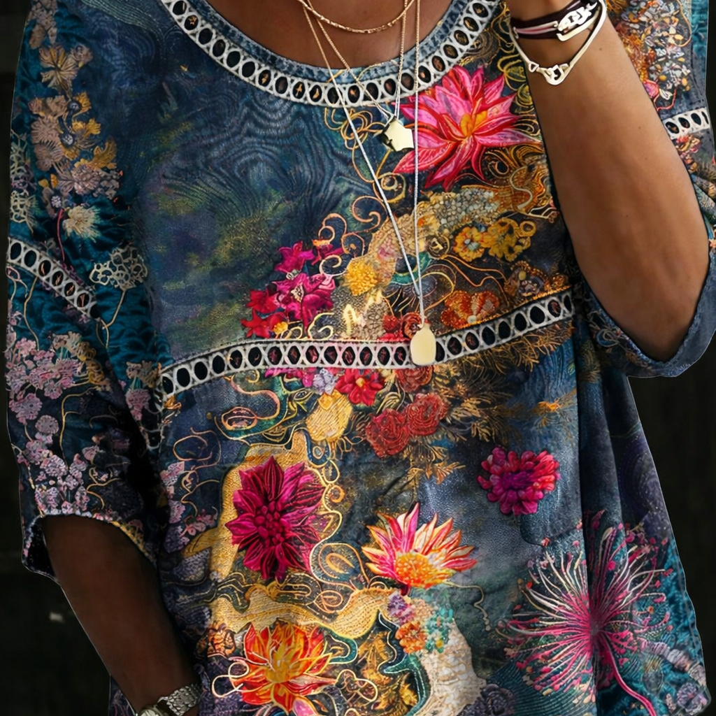 Erna - Vintage Blumen-Denim-Bluse