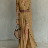 Birgit - Maxikleid aus Leinen mit Reverskragen und langen Ärmeln