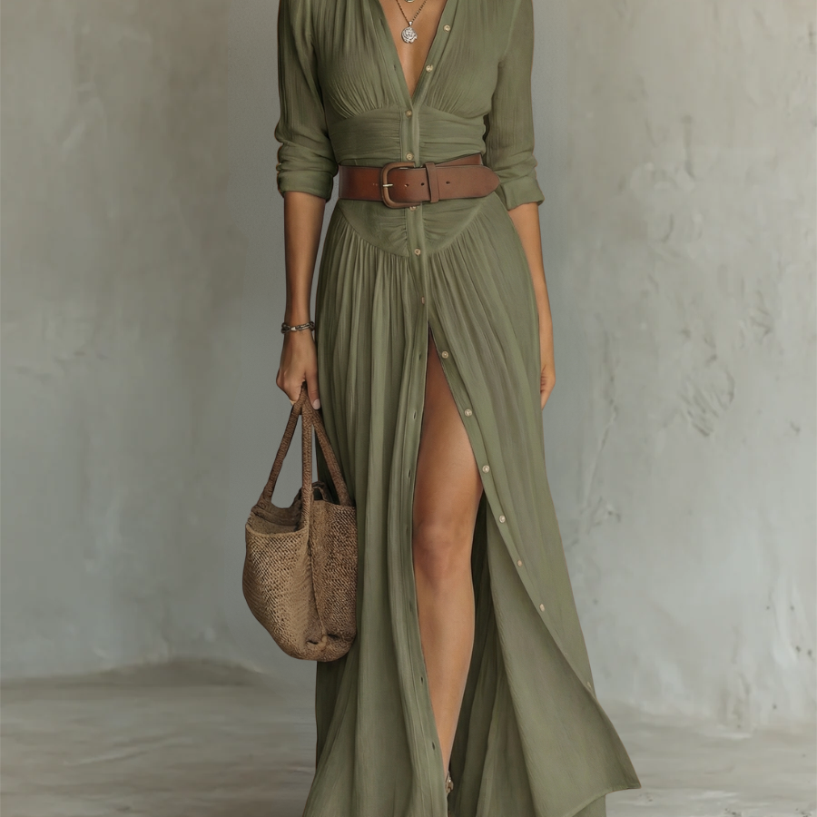 Birgit - Maxikleid aus Leinen mit Reverskragen und langen Ärmeln