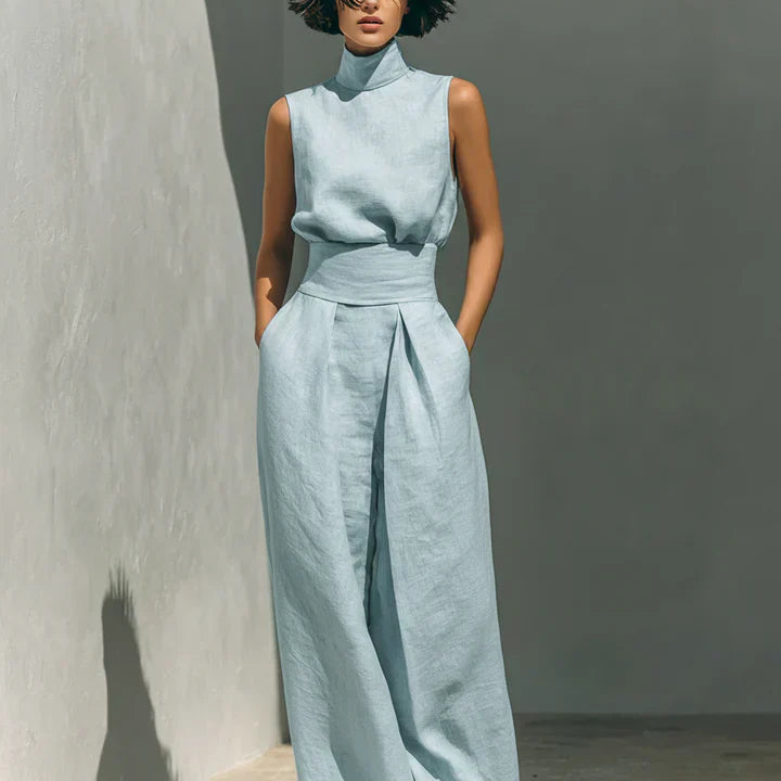 Elke - Minimalistisches Set aus ärmelloser Bluse und weit geschnittenen Baumwoll- und Leinenhosen für Frauen
