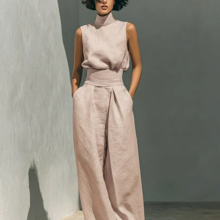 Elke - Minimalistisches Set aus ärmelloser Bluse und weit geschnittenen Baumwoll- und Leinenhosen für Frauen