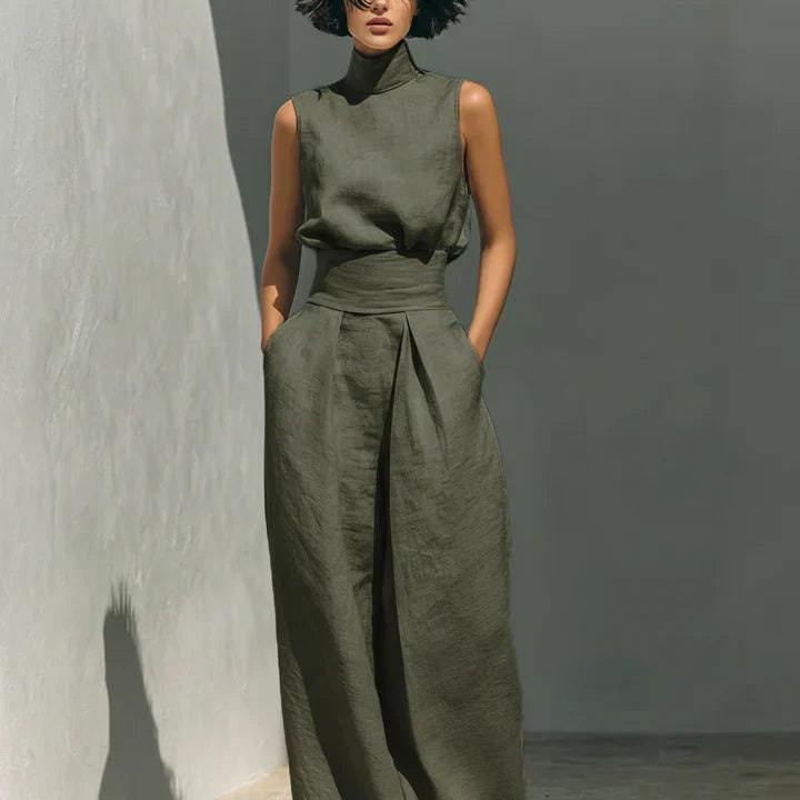Elke - Minimalistisches Set aus ärmelloser Bluse und weit geschnittenen Baumwoll- und Leinenhosen für Frauen
