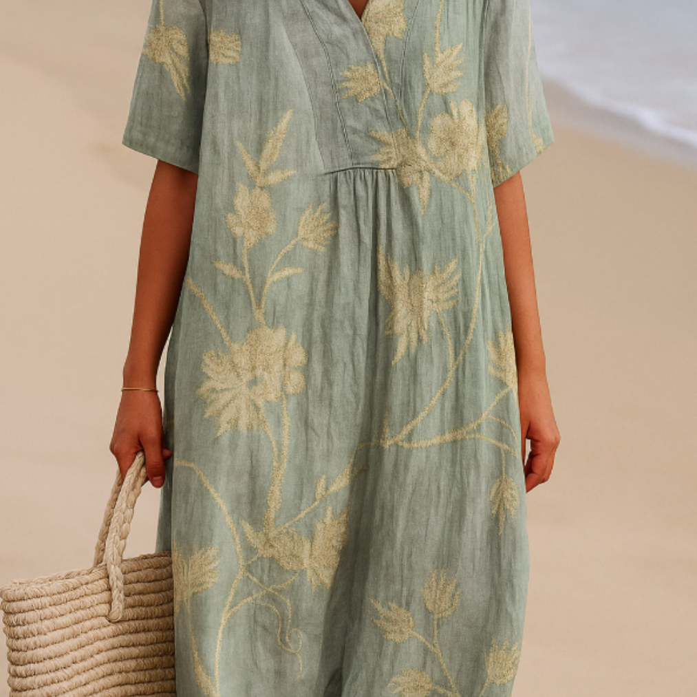 Thekla - Kleid Blau-Grau mit Floraler Stickerei