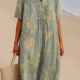 Thekla - Kleid Blau-Grau mit Floraler Stickerei