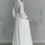 Bettina - Maxikleid aus Patchwork-Leinen mit Stehkragen