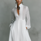Bettina - Maxikleid aus Patchwork-Leinen mit Stehkragen